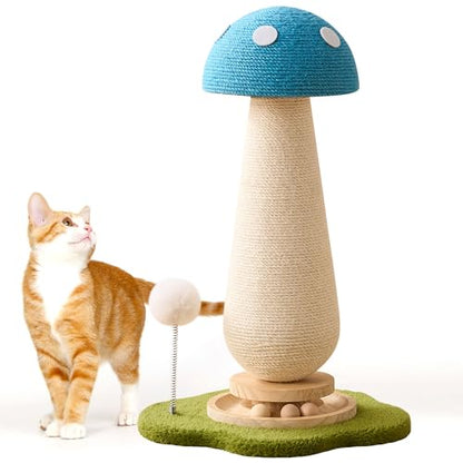 Mushroom Cat Scratching Post Cat Tree, 21.5‘’ H Cute Cat Scratcher Tower with Durable Solid Wood Turntable Toy, Mushroom Scratch Post Cat Sisal Scratcher with Catnip for Indoor Adult Cats-Blue - color: Blue Mushroom
