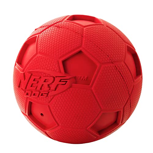 Nerf Dog Soccer Ball Dog Toy with Interactive Squeaker, Lightweight, Durable and Water Resistant, 4 Inches, for Medium/Large Breeds, Single Unit, Red - color: Red, size: 4-inches