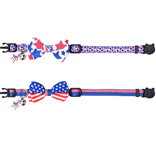 American Flag Cat Collar with Bell Bow Tie Star Breakaway Adjustable for 4th of July Independence Day - color: 2PCS-1