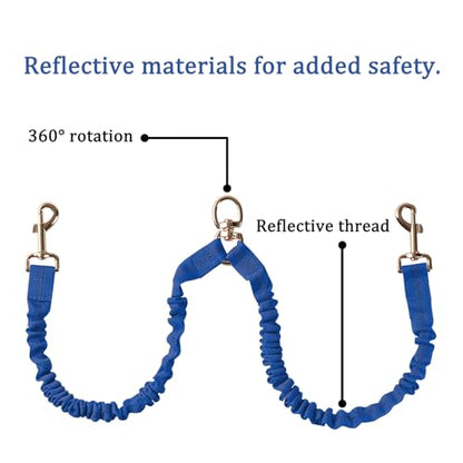 Double Dog Leash – Tangle-Free Dual Leash with 360° Swivel, Shock Absorbing Bungee, Reflective Stitching & Hand-Braided Main Rope (Supports Up to 440 lbs, Blue) - color: Blue