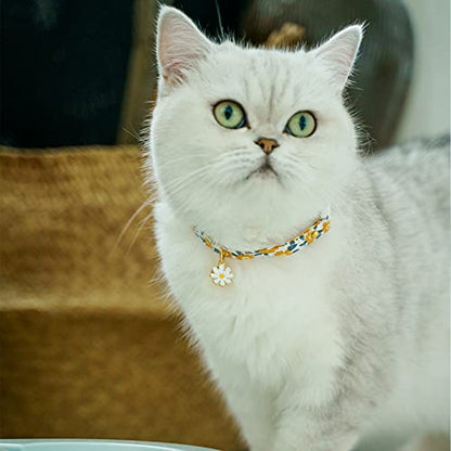 2 Pack Cotton Breakaway Cat Collars with Bell Daisy Pendant Kitty Kitten Collars Green Orange Collar for Female Girl Cats Male Boy Cats - color: Green&Orange