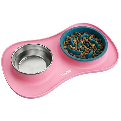 YINEYA 3 in 1 Slow Feeder Dog Bowls & Stainless Steel Food and Water Bowl with Non-Spill Dog Bowl Mat, Anti-Choking Puppy Bowls, Floor Safe & Easy Clean for Large Medium Small Dogs Cats - color: Pink, size: Large