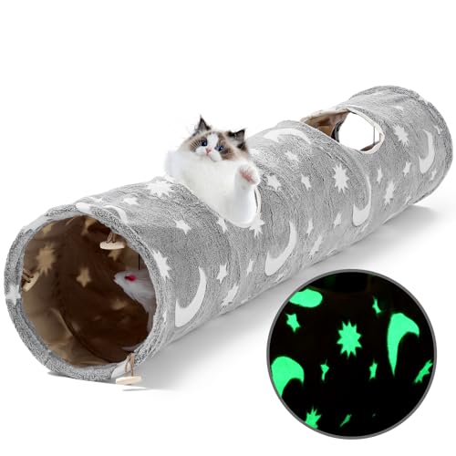 Cat Tunnels for Indoor Cats with Plush Toys Glows in The Dark Dog Cat Tunnel Tube Toys Photoluminescent for Indoor Cats Small Dogs Puppy Kitten Rabbit Bunny Ferret Pet Gray - color: Gray