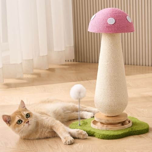 Mushroom Cat Scratching Post Cat Tree, 21.5‘’ H Cute Cat Scratcher Tower with Durable Solid Wood Turntable Toy, Baby Pink Mushroom Scratch Post Cat Sisal Scratcher with Catnip for Indoor Adult Cats - color: Pink Mushroom