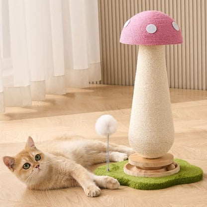 Mushroom Cat Scratching Post Cat Tree, 21.5‘’ H Cute Cat Scratcher Tower with Durable Solid Wood Turntable Toy, Baby Pink Mushroom Scratch Post Cat Sisal Scratcher with Catnip for Indoor Adult Cats - color: Pink Mushroom