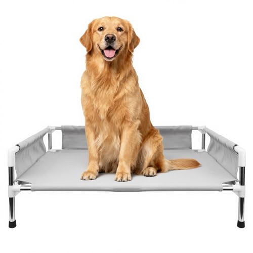 Makerfire Elevated Dog Bed, Raised Dog Sofa Bed for Medium Dogs, Detachable Cooling Indoor/Outdoor Pet Cot with Non-Slip Feet, Polyester Cotton (33''L x 26.5''W x 11.6''H) - color: Grey-M+ (33'' L x 26.5'' W x 11.6" H)