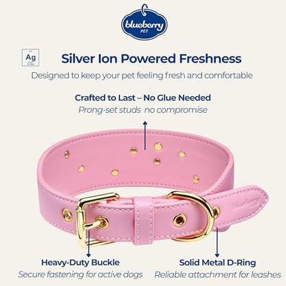 Blueberry Pet Premium Embossed Pink Glam Silver-Powered Freshness Microfiber Leather Dog Collar with Gold Studs - color: Pink, size: Large