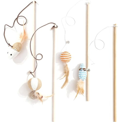 Cat Toy Wand 4-Pack – Interactive Cat Fishing Pole Toys with Wood Rod & Cotton Rope, Blue Beige Orange Variety