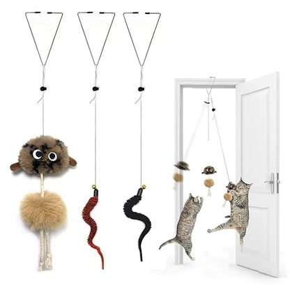 Cat Toys for Indoor Cats,Interactive Door Hanging Cat Toys Attached with Catnip/Feathers/Birds/Worm Toys for Cats/Kitten Toys(3 Pack) - size: 001