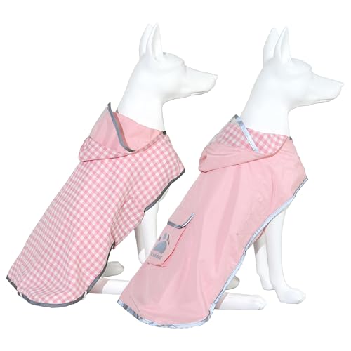 Dog Raincoat Reversible,Waterproof Dog Rain Coat Hooded Slicker Poncho with Reflective Strip, Plaid Double Layer Rain Jacket for Small Medium Large Dogs (Pink, Large(22-37lb)) - color: Pink, size: Large(22-37lb)