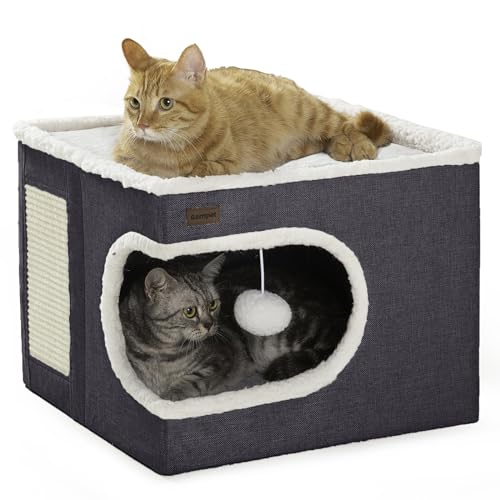 Garnpet Cat Bed for Indoor Cats Cube House, Covered Cat Cave Beds & Furniture with Scratch Pad and Hideaway Tent, Cute Modern Cat Condo for Multi Small Pet Large Kitten Kitty, Dark Grey - color: Dark Grey, size: 16.5"D x 16.5"W x 13"H