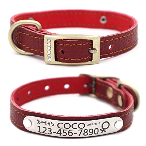 Personalized Leather Cat Collar,Custom with Name Plate and Bell for Boy and Girl Kitten/Cat(XXS,Claret) - color: Claret, size: XXS