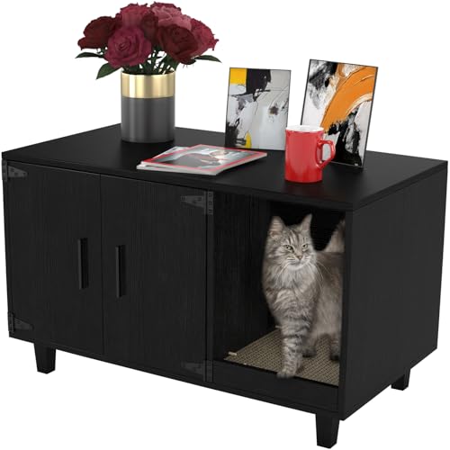 GDLF Modern Wood Pet Crate Cat Washroom Hidden Litter Box Enclosure Furniture House as Table Nightstand with Scratch Pad,Stackable (Black) - color: Black