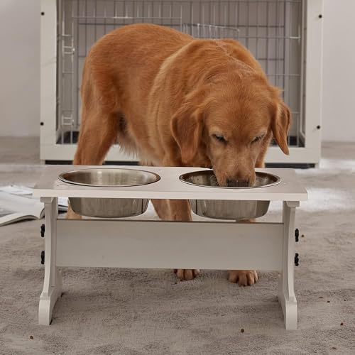 Modern Farmhouse Dog Bowls Stand, Elevated Dog Bowls with 2 Stainless Steel Wooden Bowls, 80 oz Bowl-White - color: White, size: 9 Cups 13.8"H_80 oz Bowl
