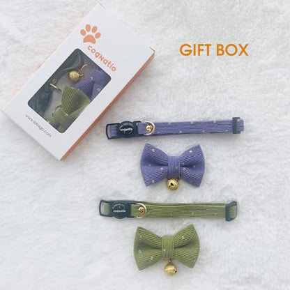 Safety Quick Release Cat Collars, Soft Kitten Collars with Detachable Bow Tie and Bell, Pack of 2, Adjustable 20-30 cm (Violet+Greenery, 20-30cm)