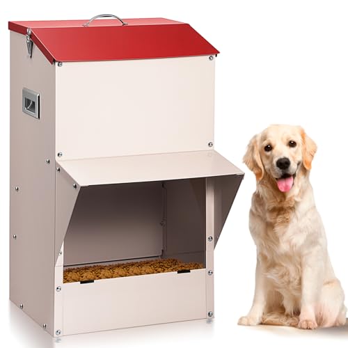 Outdoor Gravity Dog Feeder, 50 lb Large Capacity Automatic Dog Food Dispenser, Heavy Steel Weather-Resistant Pet Feeder with Clear Viewing Door, Wall or Ground Mount for Large Dogs