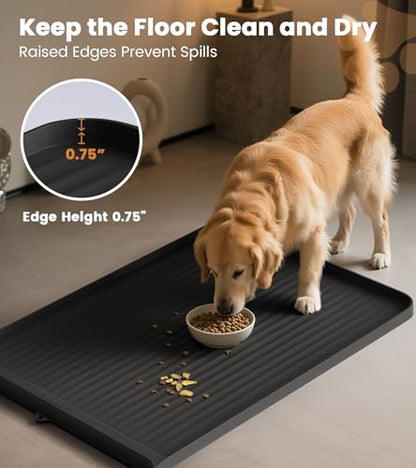 Dog Food Mat 36"x24", Waterproof Pet Feeding Mat with Diversion Grooves and Raised Edges, Large Non-Slip Dog Bowl Mat for Food and Water, Cat Food Mat for Floors, Easy to Clean, Black - color: Black