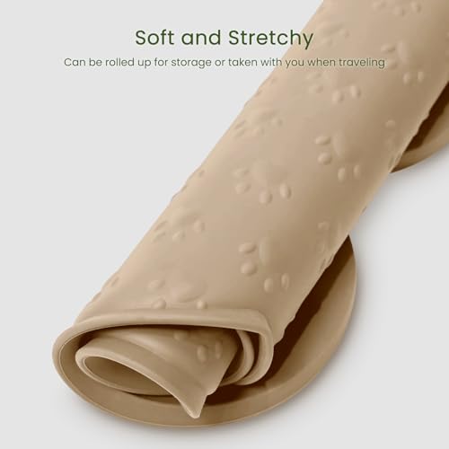 PWTAA Dog Food Mat Anti-Slip Silicone Dog Bowl Mat Thicker Pet Placemat Waterproof Cat Feeder Pad with Raised Edge Puppy Kitten Feeding Mats Suitable Small Medium-Sized Dogs Cats Eating Tray - color: Khaki, size: 19.4" x 9.8"