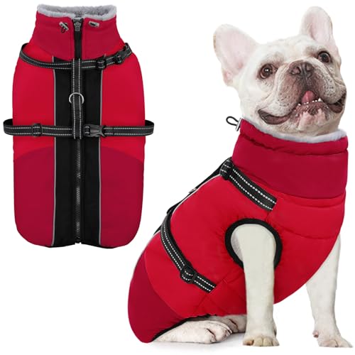 AOFITEE Dog Coat for Small Dogs, Warm Dog Winter Jacket with Harness Built in, Waterproof Small Winter Coat Dogs Reflective Cold Weather Coats for Chihuahua, Yorkshire, Red XS - color: Red, size: X-Small