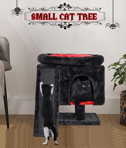 SYANDLVY Gothic Cat Tree with Coffin Bed for Indoor Cats, Cat Tower with Scratching Post, Modern Activity House for Large Cats, Condo with Board, Kittens Cave - color: Black & Red