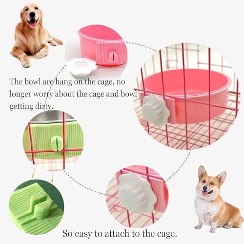 kathson Crate Dog Bowl, Removable Stainless Steel Hanging Pet Cage Bowl Food & Water Feeder Coop Cup for Cat, Puppy, Birds, Rats, Guinea Pigs (2 PCS, Size: M, Green and Pink) - color: Size: M (Green, Pink), size: 2 PCS