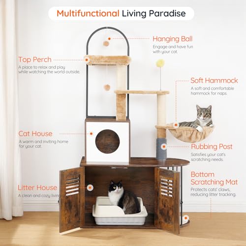 HOOBRO Cat Tree with Litter Box Enclosure, All-in-One 31.5" Cat Tower with Hidden Litter Box Cover Furniture for Indoor Cats, Versatile Cat Condo with Sisal Posts, Hammock, Rustic Brown FG45MZ03 - color: Rustic Brown