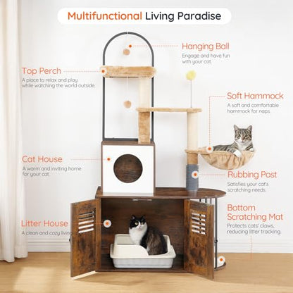 HOOBRO Cat Tree with Litter Box Enclosure, All-in-One 31.5" Cat Tower with Hidden Litter Box Cover Furniture for Indoor Cats, Versatile Cat Condo with Sisal Posts, Hammock, Rustic Brown FG45MZ03 - color: Rustic Brown