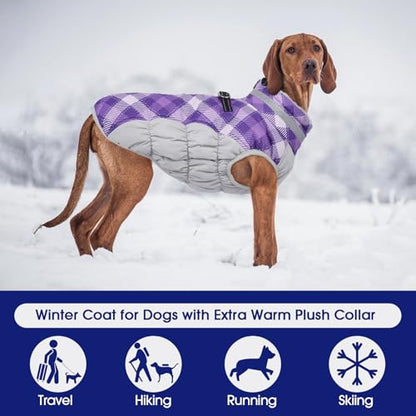 FUAMEY Dog Coat for Small Dogs,Waterproof Dog Winter Jacket with Harness Built in Puppy Cold Weather Coats Reflective Pet Vest with Zipper Warm Fleece Dogs Snowsuit Windproof Purple Plaid XS - color: Purple Plaid, size: XS(chest:14in)
