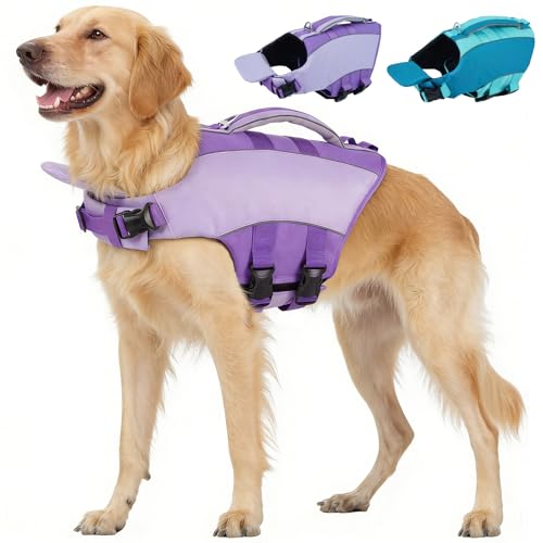 Kuoser Dog Life Jacket, Front Float Dog Life Vest for Swimming Boating, Reflective Pet Swim Suit with Rescue Handle & D-Ring & Chin Float for Small Medium Large Dogs, Purple M - color: Purple, size: M(Chest:20.5"-25.2")