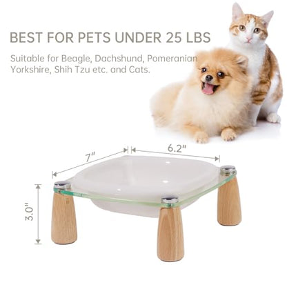 Elevated Cat Bowl and Dog Bowl, Ceramic Raised Pet Bowl with Acrylic & Wood Stand, Non-Slip, 13.5 OZ, for Cats & Small Dogs