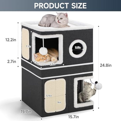 2-Storey Cat House for Indoor Cats, Separate Into 2 Large Cat Bed Cave with Hideaway Condos, Scratch Pads, Hanging Balls, Foldable Indoor Cat House, Cat Cube for Multiple Cats Kitten, Black - style: Black