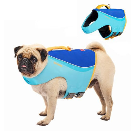 Tuff Pupper Dog Life Jacket | High Buoyancy Dog Swim Vest with Rescue Handle | Adjustable Secure Fit | Reflective Safety Trim | Pet Flotation Jacket for Swimming Boating Kayaking (Blue/Yellow, S) - size: Small
