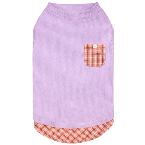 KYEESE Waffle Dog Shirts for Small Dogs Soft Lightweight T-Shirts Sleeveless Vest Stretchy Puppy Tee with Decorative Pocket and Stylish Plaid Patchwork, X-Large - color: 3#Purple, size: X-Large (19-27lbs)