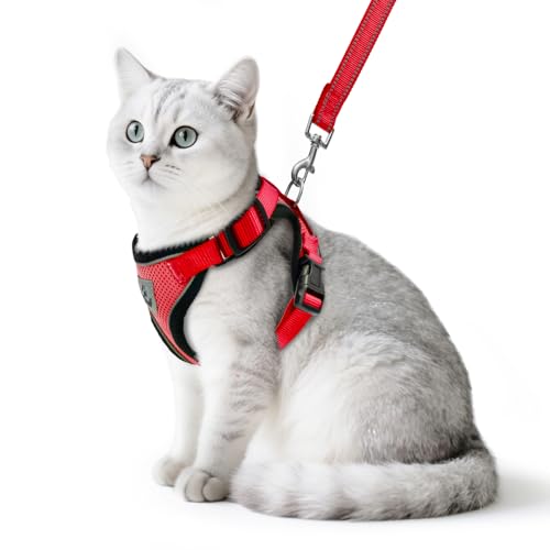 PUPTECK Cat Harness and Leash Set Escape Proof Reflective Cat Walking Harness Adjustable Soft Breathable Mesh Vest for Small Pets, Red, S - color: Red, size: S (NECK 9.5"-11", CHEST 13"-16")