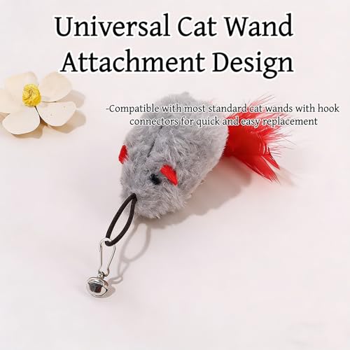 3 Pack Cat Wand Refill Toys Gray Mice with Feather Mice Toy for Cats Cat Feather Toy Refill Wand Attachment Interactive Refills for Feline Play