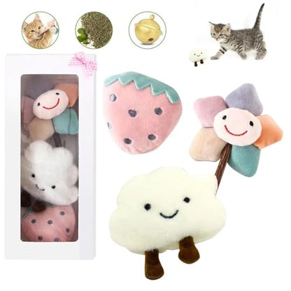 Kitten Chew Toys for Teething with Catnip – 3Pcs Bite Resistant Plush Cat Toys (Strawberry, Cloud Bell, Sunflower Stick) - style: Kitten Chew Toys