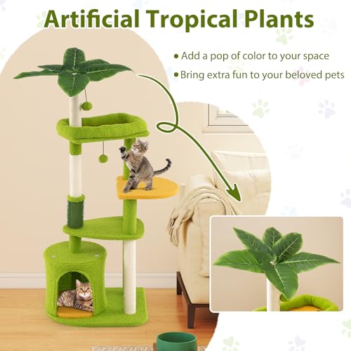 PETSITE Palm Cute Cat Tree, 48 Inches Tall with Sisal Scratching Posts, Condo, Dangling Ball, and Self Groomer, Ideal for Indoor Small & Medium Cats (19 x 16 x 48 inches) - size: 19 x 16 x 48 inches