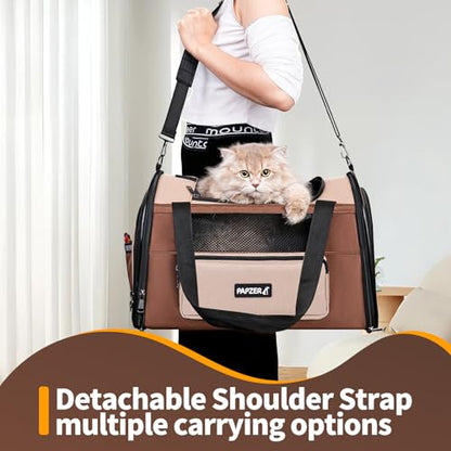 Collapsible Small Pet Carrier for Cat 15 lbs with Fashion Pocket, Lightweight Sturdy Travel Carry Bag Little Puppy Dog, Breathable Stylish Kitten Soft Cage Kennel, 17.7x11.0x11.8 Inch Khaki - color: Khaki