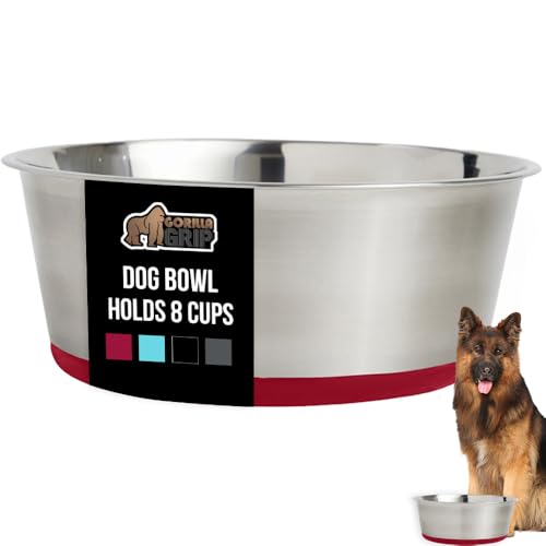 GORILLA GRIP Dog Bowl, Holds 8 Cups (64 fl oz), Food Grade 304 Stainless Steel Food and Water Bowl for Feeding Dogs and Cats, BPA Free Rubber Base, Easy Clean, Dishwasher Safe, Rust Resistant, Red - color: Red, size: 8 Cup (64 Oz)