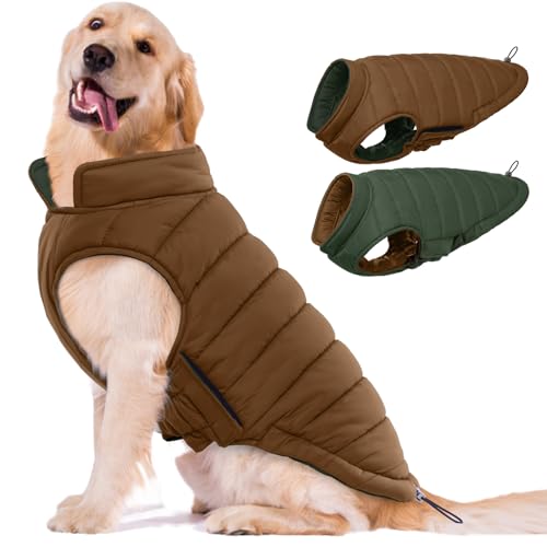 Lelepet Reversible Dog Coat Waterproof Dog Jacket Windproof Puffer Vest for Winter Warm Lightweight Coats for Large Dogs Adjustbale Hook & Loop Pet Apparel with Leash Hole, Pitbull, Brown, XL - color: Brown, size: XL