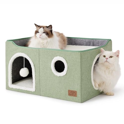Bedsure Large Cat Beds for Indoor Cats - Extra Wide Cat Cube House for Small Pet with Fluffy Ball Hanging and Scratch Pad, Foldable Pet Cave Hideaway for Multiple Cats, 23.6x16.9x13 inches, Green - color: Green, size: Widen