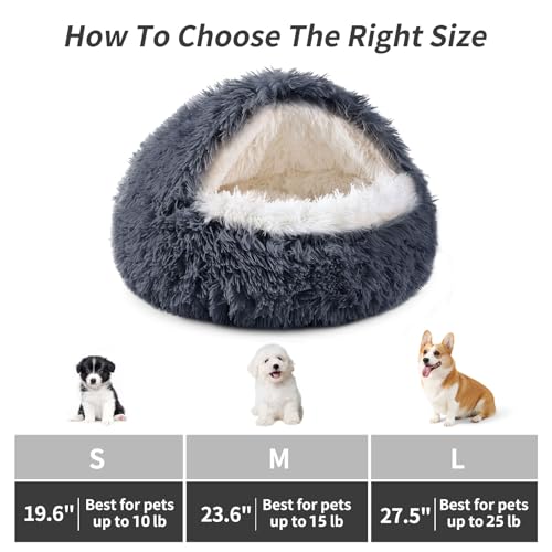 Dog Bed Round Hooded Plush Cat Cave Self Warming Pet Bed Donut Anti Anxiety Fluffy Pet Bed for Puppy and Kitty - color: Dark grey, size: Medium 23.6''