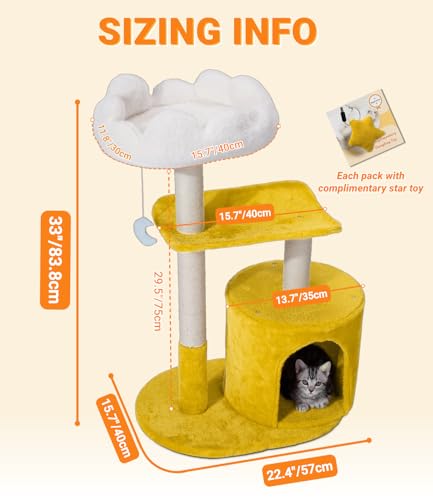 Happi N Pets Cat Tree, 33" Multi-Level Cloud Cat Tree Tower with Cozy Padded Bed & Large Condo for All Sized Cats, Featuring Scratching Posts, Viewing Perch & Toys, Stable Small Cat Tower - size: 33" with Condo