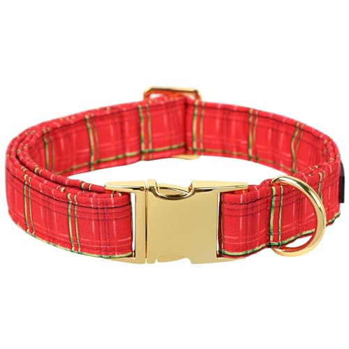 Maca Bates Christmas Red Plaid Dog Collar for Small Girl Boy Dogs,Gingham Pattern, Grid Cotton Soft Adjustable Durable Collars Winter for Male Female Puppy - color: Christmas-gold red grid, size: S