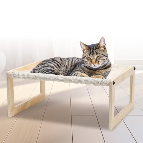 Cat Bed with Washable Pad - 9.5" Elevated Wooden Cat Hammock Bed, 360° View Design, Cot with Breathable Summer Mattress for Kitty, Puppy, Rabbit and All Pets - color: Cream Color (Thin)