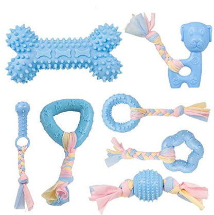 Dog Chew Toys, 7pcs Dog Puppies Teething Chewing Toy Set with Ball and Colorful Ropes, Interactive Pet Toys for Small and Medium Dogs (Blue) - color: Blue
