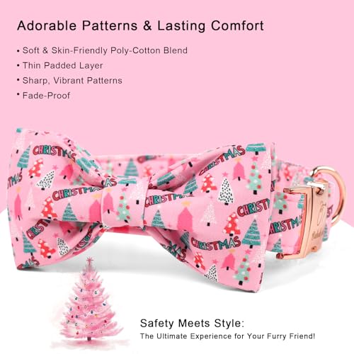 Christmas Dog Collar with Bow Tie - Cute Pink Tree Pattern Christmas Puppy Collar, Adjustable Metal Buckle Winter Bowtie Dog Collars for Small Medium Large Dogs XS - color: B-Pink Christmas Tree, size: XS