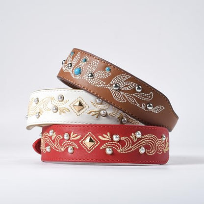 Blueberry Pet Western Dog Collar in Canyon Brown - 12-15 Inch Necks Floral-Embroidered Leather with Turquoise Studs, Adjustable - color: Canyon Brown, size: Small
