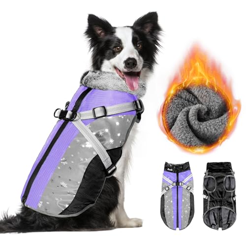 SlowTon Dog Jacket with Harness Built in - Waterproof Fleece Winter Warm Dog Coats for Small Medium Dogs, Reflective Adjustable Furry Puppy Vest Clothes for Outdoor Walking (PU, L) - color: Purple & Black, size: Large (Chest 21.0"-24.2")