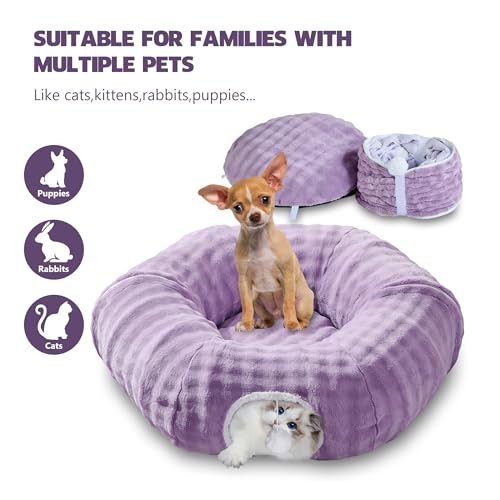 Bubble Cat Tunnel for Indoor Cats, Round Peekaboo Cave Toy with Dangling Balls, Donut Tunnel Bed with Circle Mat for Puppy Kitten Rabbit, Dusty Purple - color: Dusty Purple